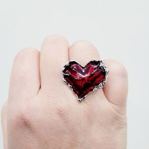 Brand New Silver Tone Red Heart Ring Adjustable Size